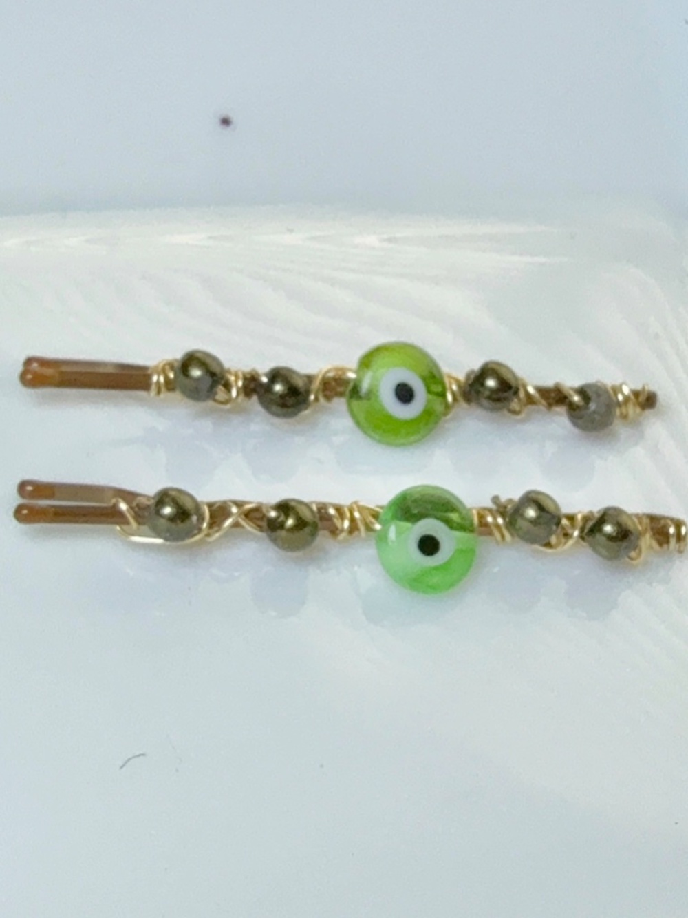 Green Evil Eye with Olive Green Round Beads Beaded Bobby Pins